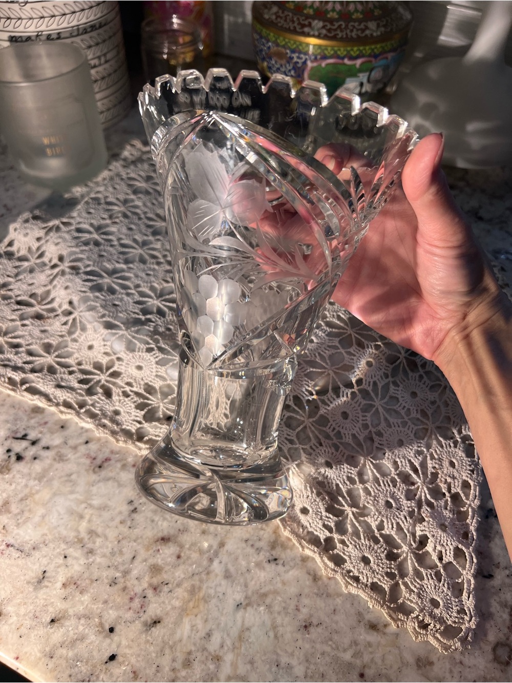 Clear Etched Crystal Pedestal Vase - two lil’ chippies